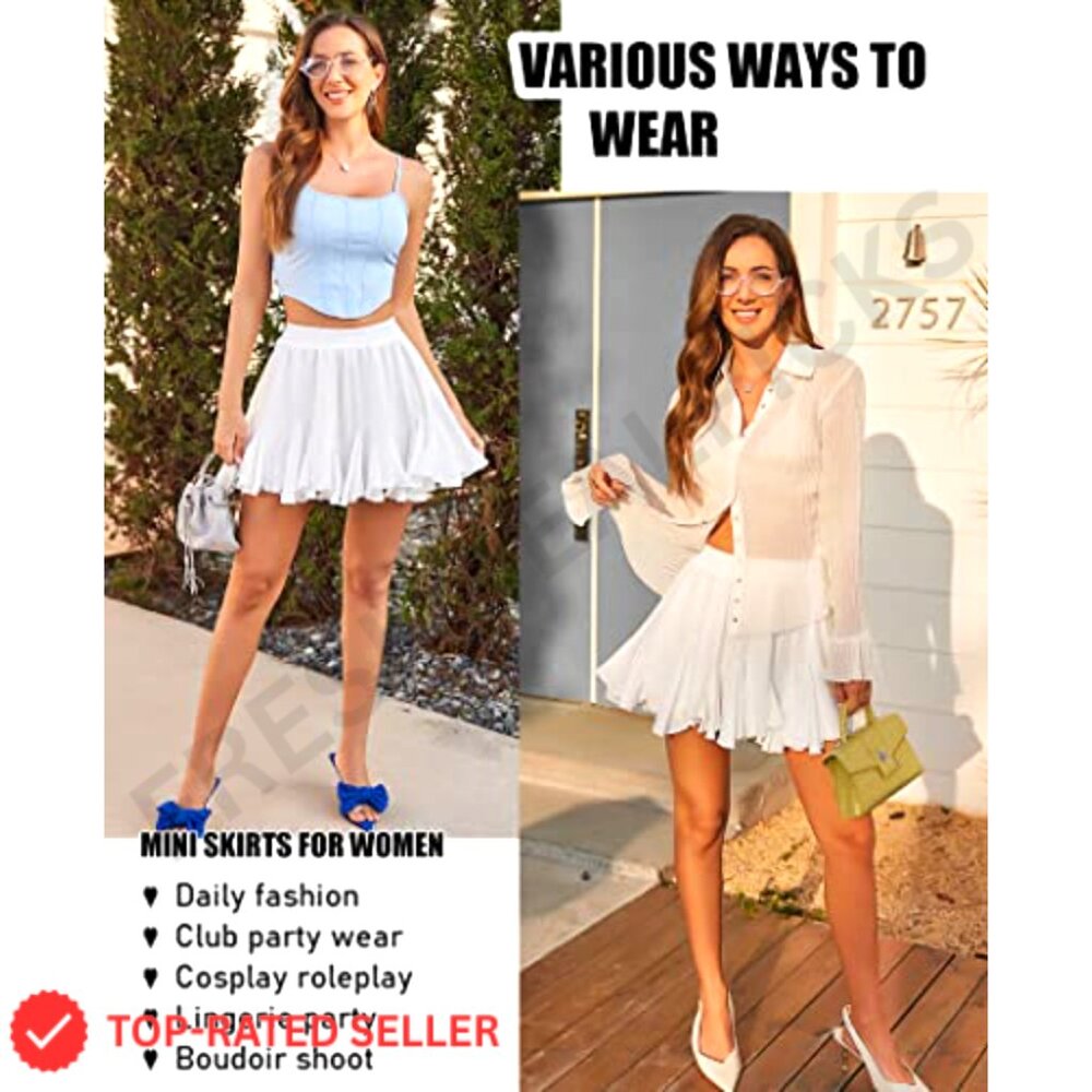 Pleated Skater Skirt High Waisted Flared Mini Casual Ruffles Y2K Chic - Picture 3 of 7